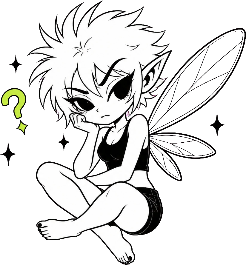 The fairy sitting cross-legged in the air, chin in hand, eyebrow raised
