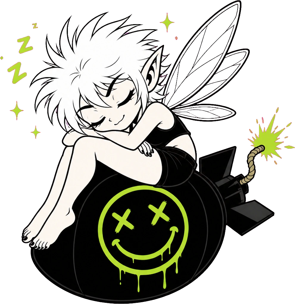 The fairy asleep on top of the smiley bomb