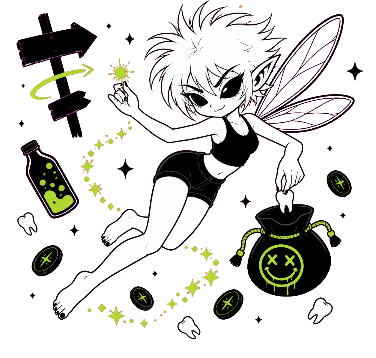 The fairy flying off with a bag of coins, teeth and a potion bottle spinning around her