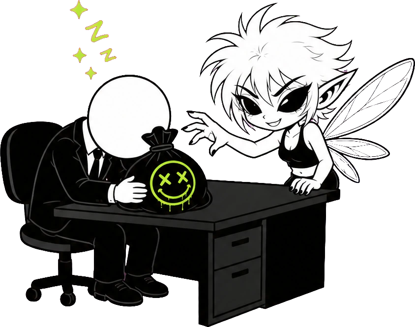 A faceless suit asleep at his desk hugging a smiley money bag while the fairy sneaks up behind
