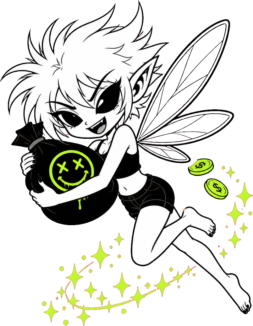 The fairy in flight, laughing, clutching the smiley money bag