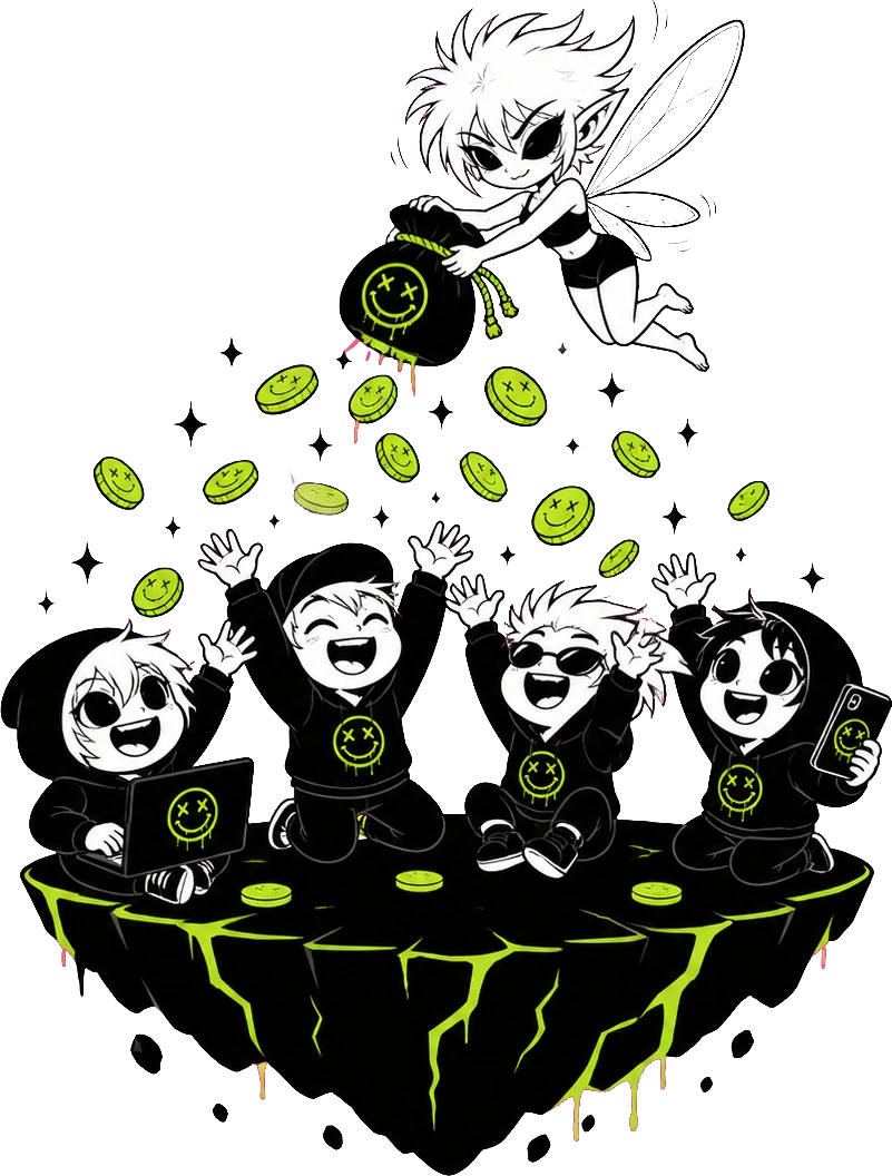 Four hooded degens on a floating rock catching lime coins the fairy pours from above