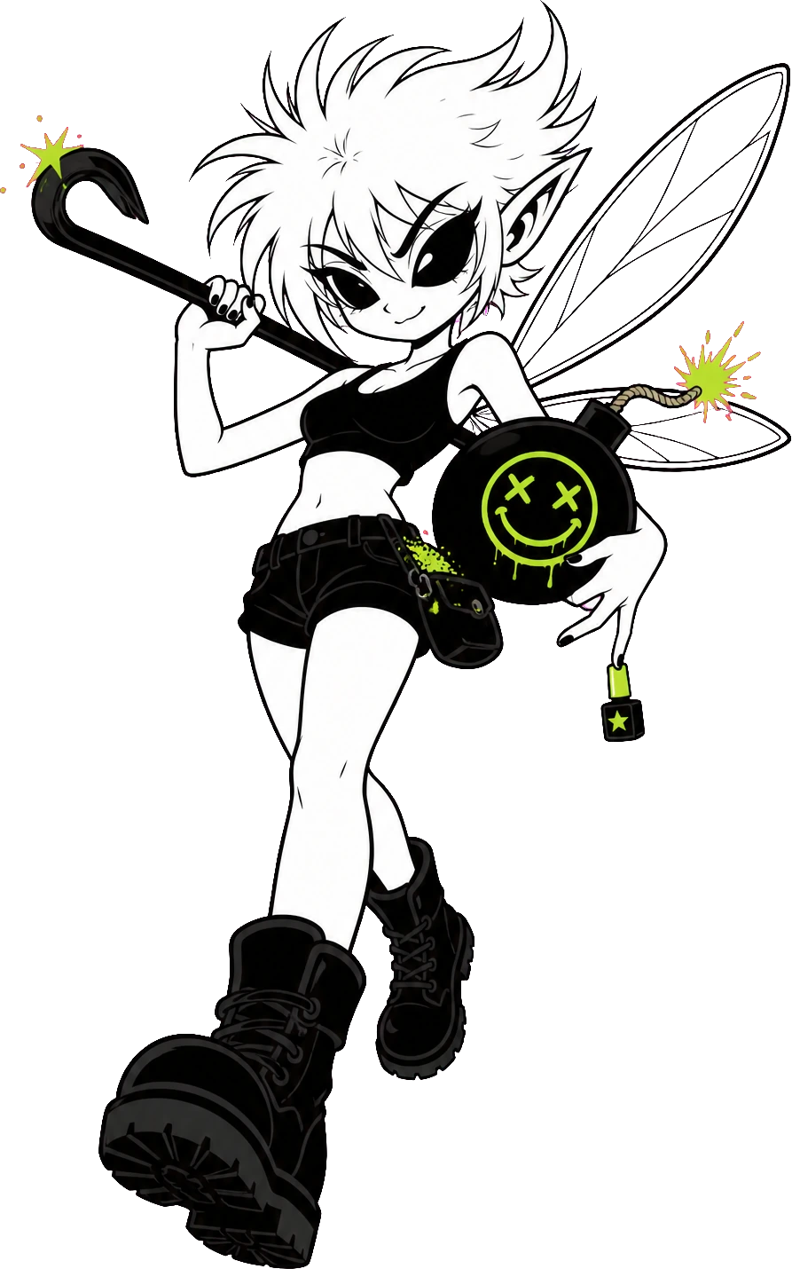 The fairy striding forward with a crowbar wand over her shoulder, the smiley bomb under one arm, a glitter pouch on her hip and nail polish dangling from a finger
